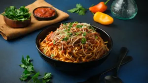 Spaghetti bolognese in a black bowl – restaurant menu photography by My Pinch of Wow, Dubai