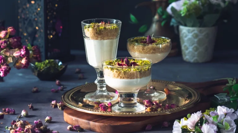 Middle Eastern dessert cups with pistachio and rose petals on a brass tray – food photography, Dubai