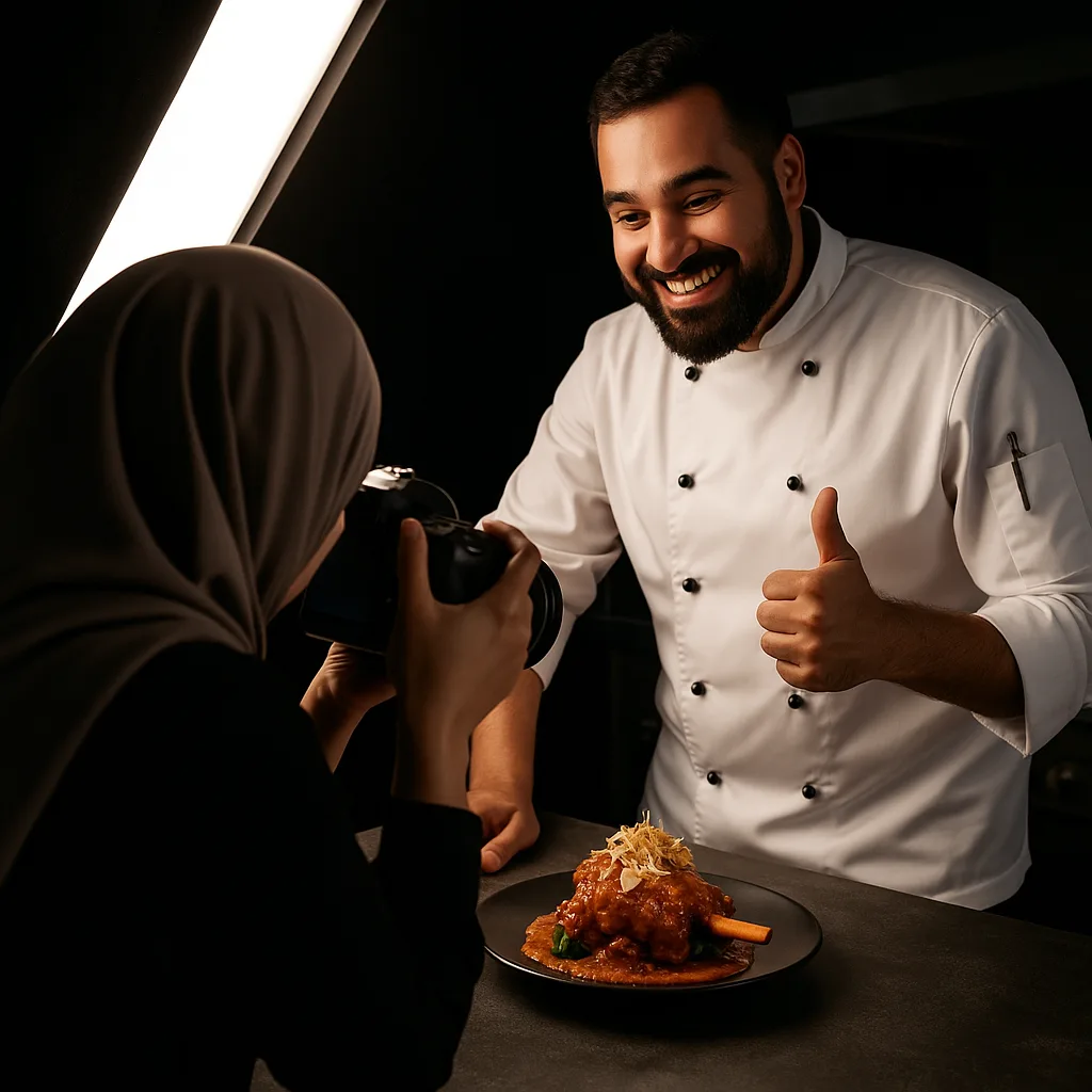 Shameema Abdul Shukoor photographing a chef’s dish on set – behind the scenes of a restaurant food photoshoot in Dubai