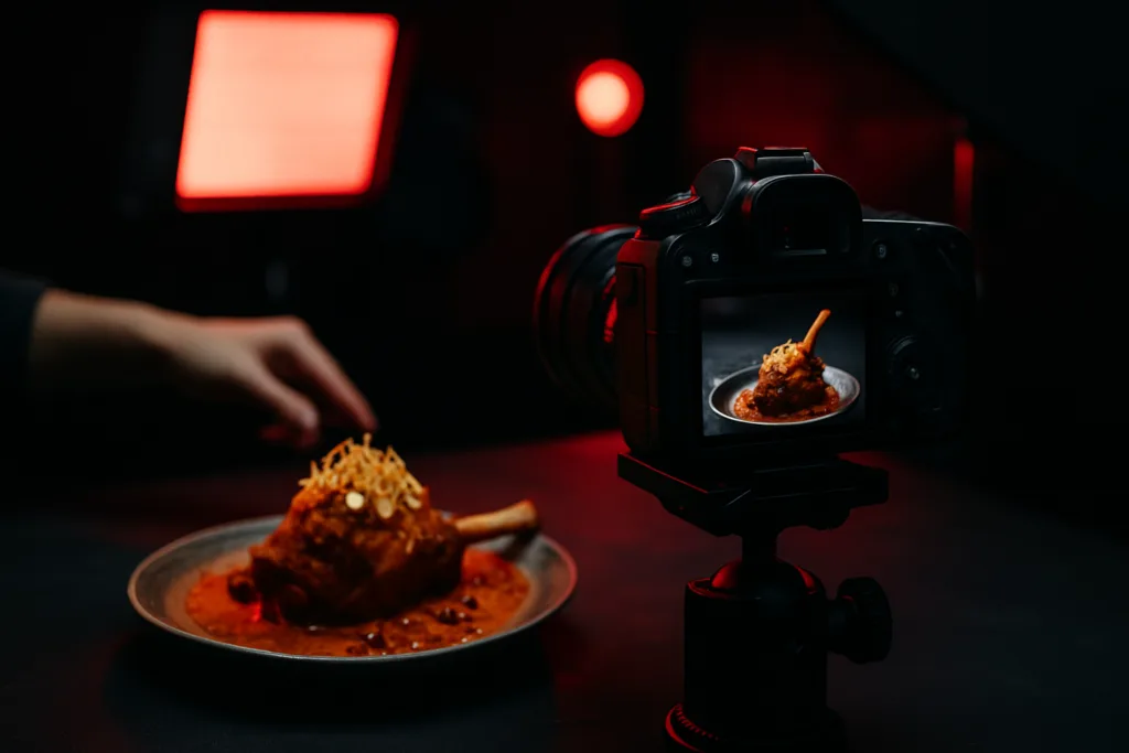 Behind the scenes of a food photography shoot – camera set-up on a dark set