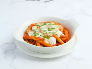 Cheesy penne pasta bake in a white bowl – restaurant menu photography by My Pinch of Wow, Dubai