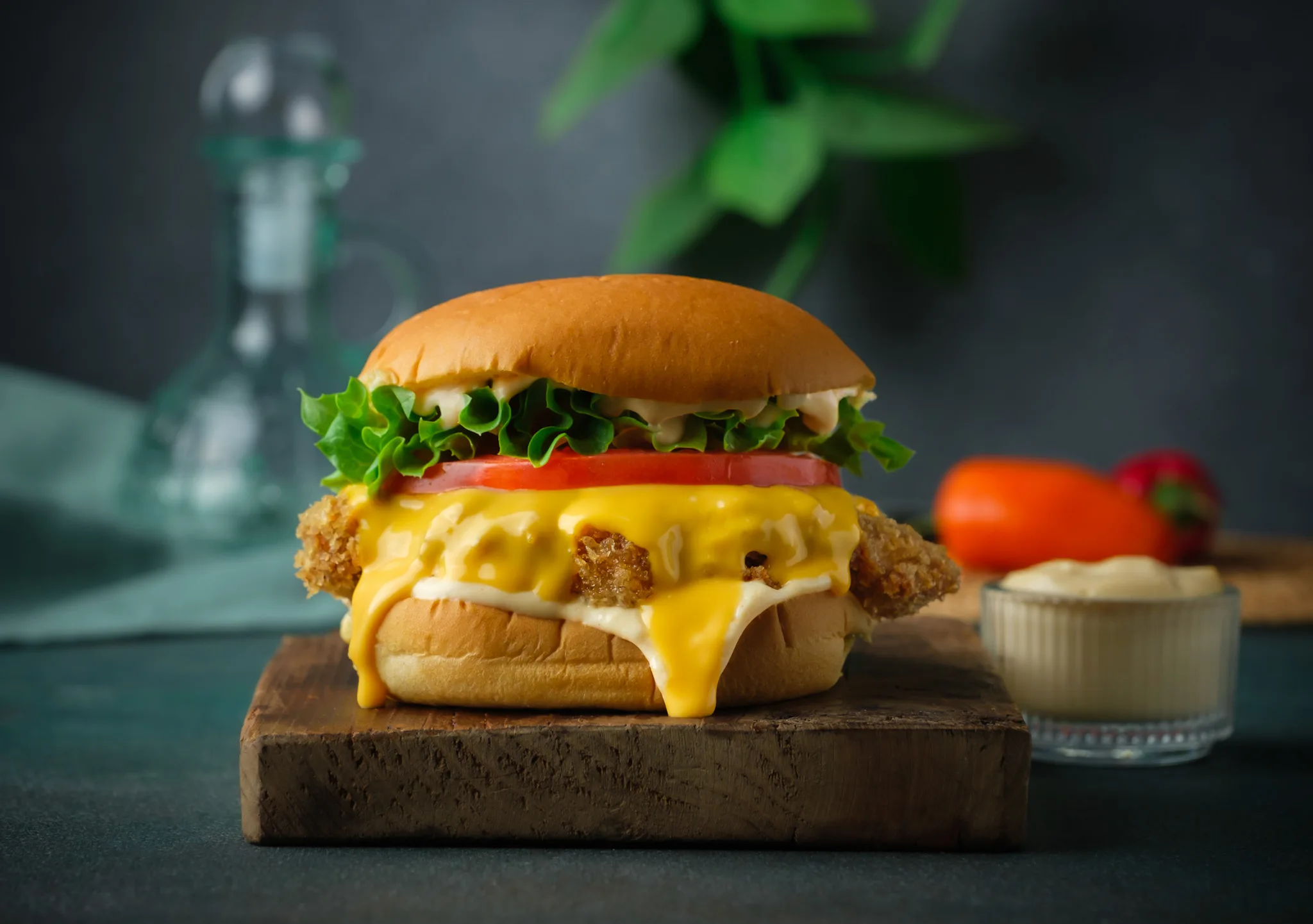 Crispy chicken burger with melted cheese, tomato and lettuce – restaurant burger photography, Dubai
