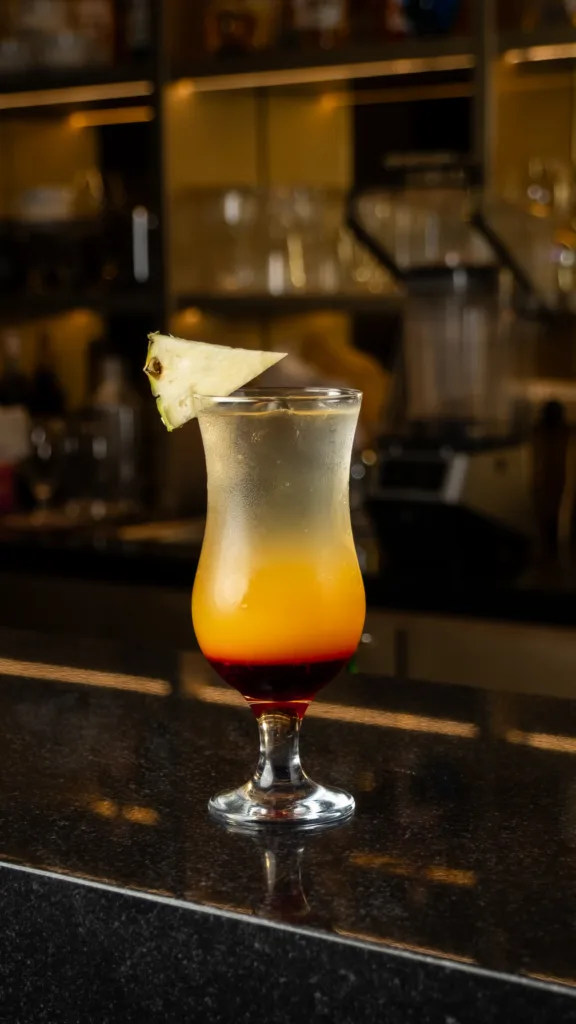 Layered tropical cocktail on a bar counter – social media drink photography, Dubai
