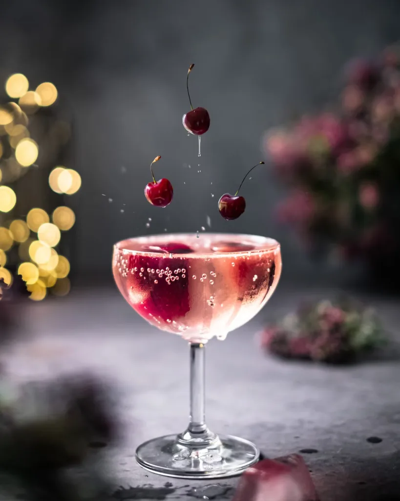 Cherries splashing into a coupe glass of pink cocktail – action drink photography by My Pinch of Wow, Dubai