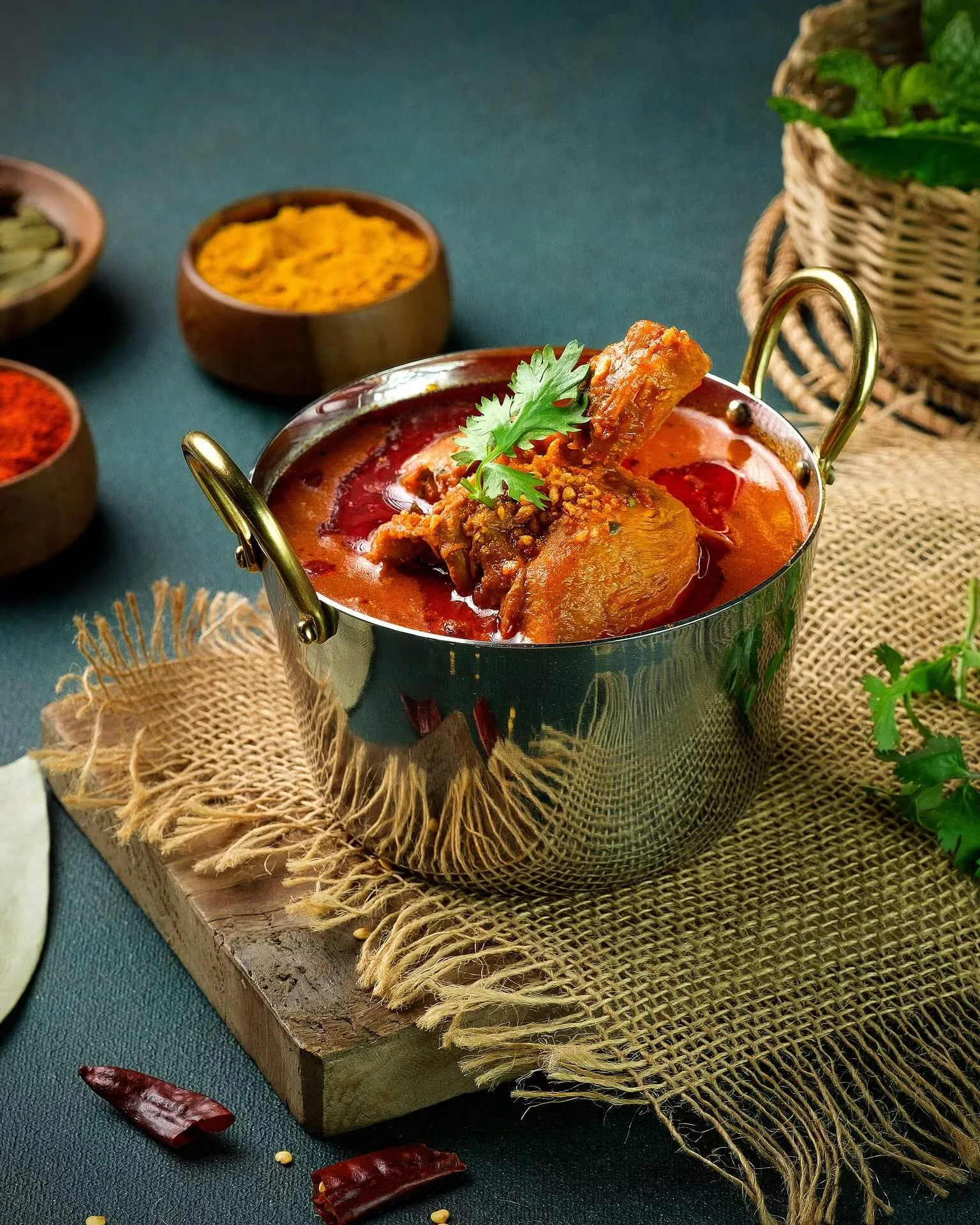 Chicken masala curry in a copper kadai with fresh coriander – Indian restaurant food photography, Dubai