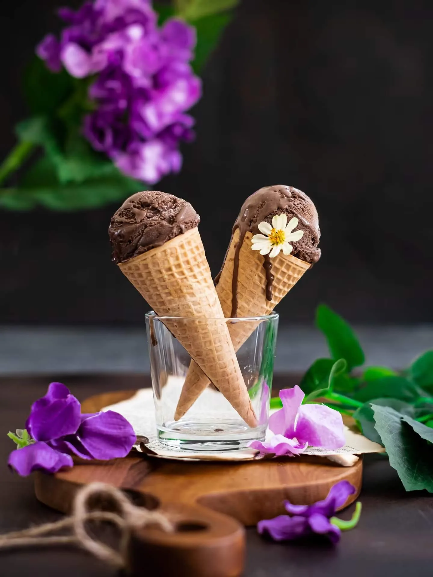 Chocolate ice cream cones with purple flowers – dessert photography by My Pinch of Wow, Dubai