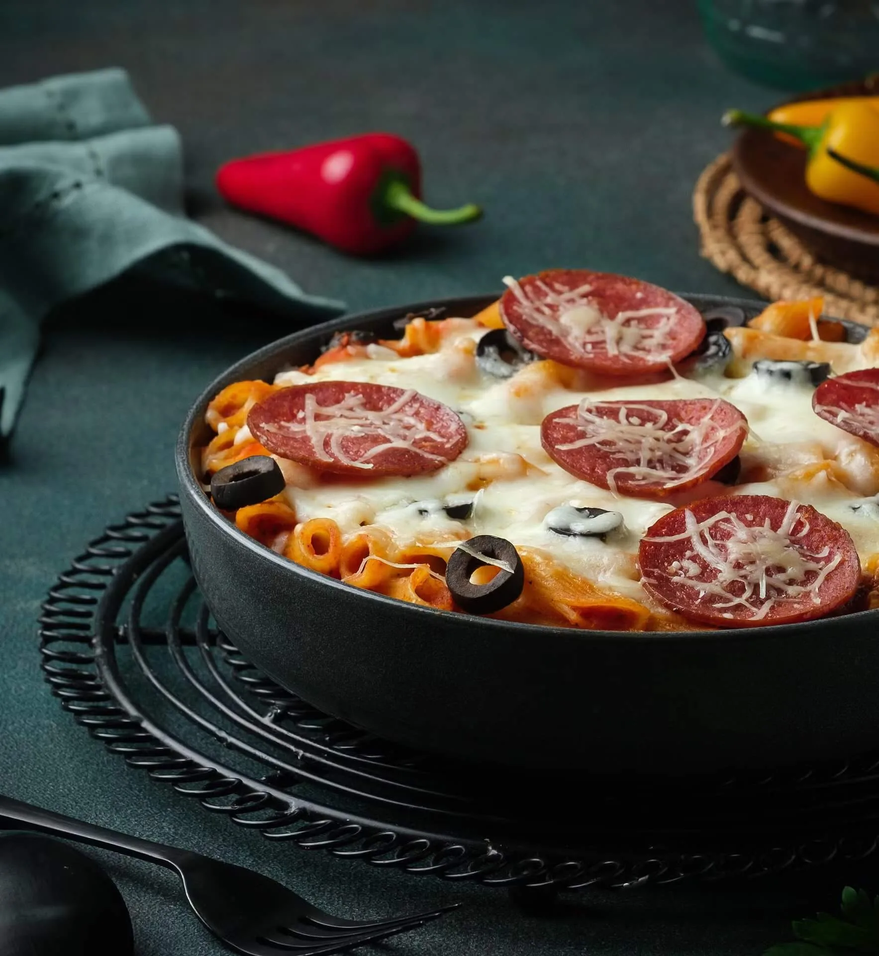 Pepperoni pasta bake with melted cheese in a cast-iron skillet – restaurant menu photography, Dubai