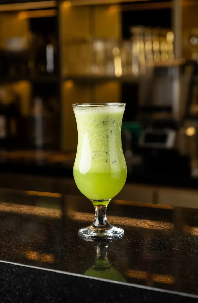 Green mint lemonade in a stemmed glass at a bar – mocktail photography for restaurants, Dubai