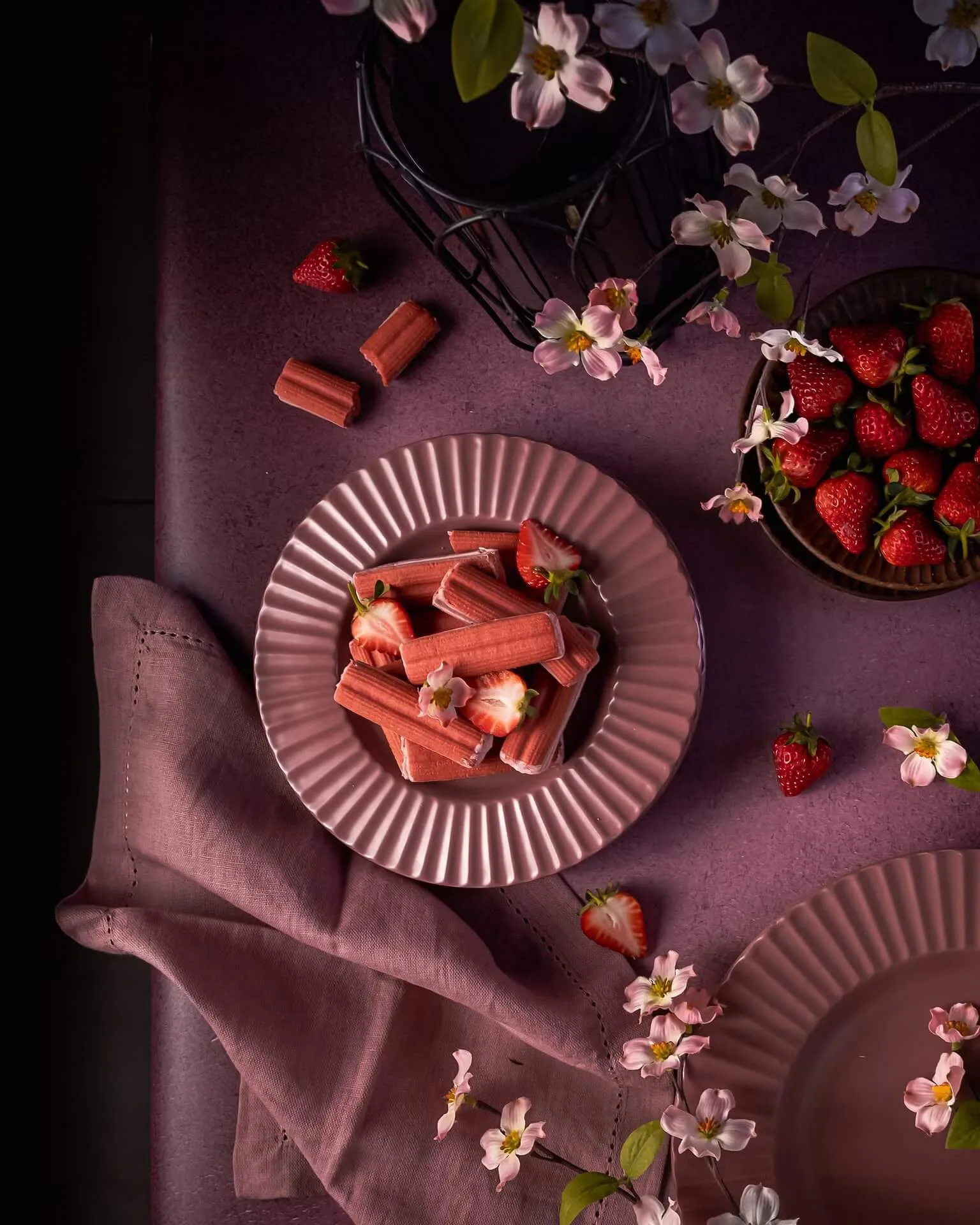 Chocolate and strawberry dessert with fresh strawberries on a purple backdrop – dessert photography, Dubai