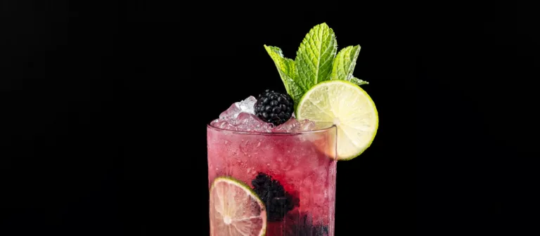 Blackberry mint cocktail with lime on a black background – beverage photography by My Pinch of Wow, Dubai